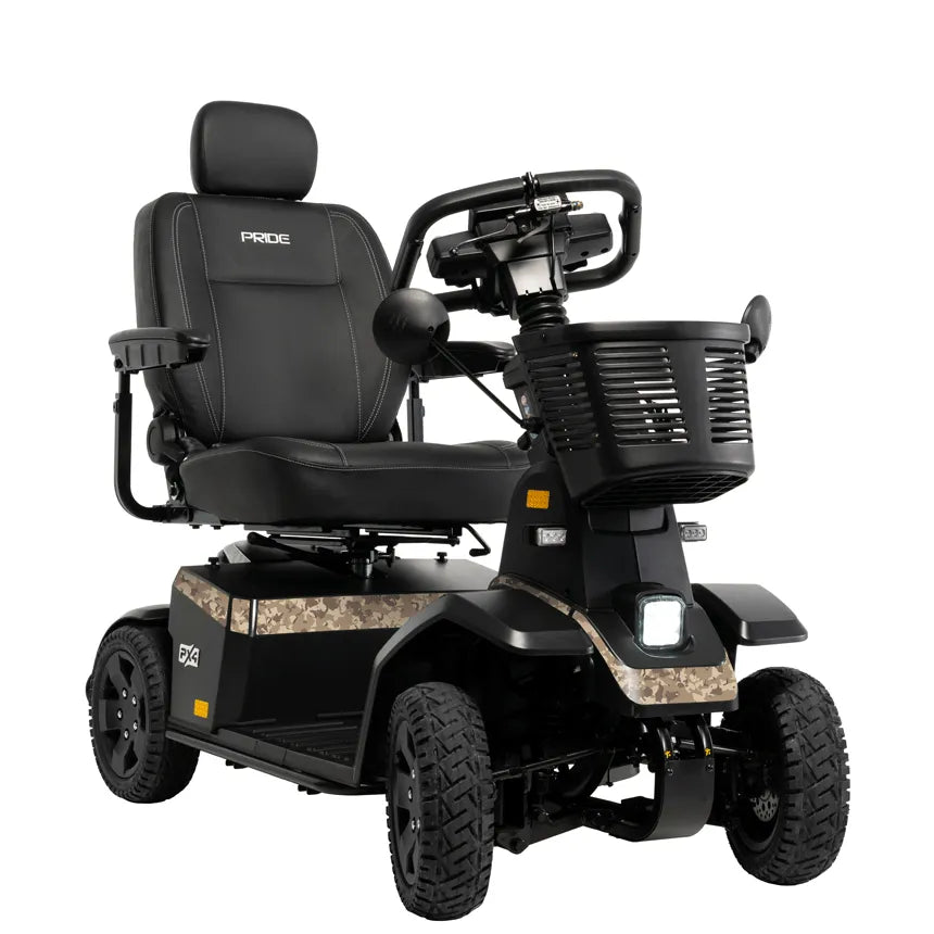 Pride PX4 heavy-duty 4-wheel mobility scooter in black with camo trim, padded captain's seat, front basket, and all-terrain