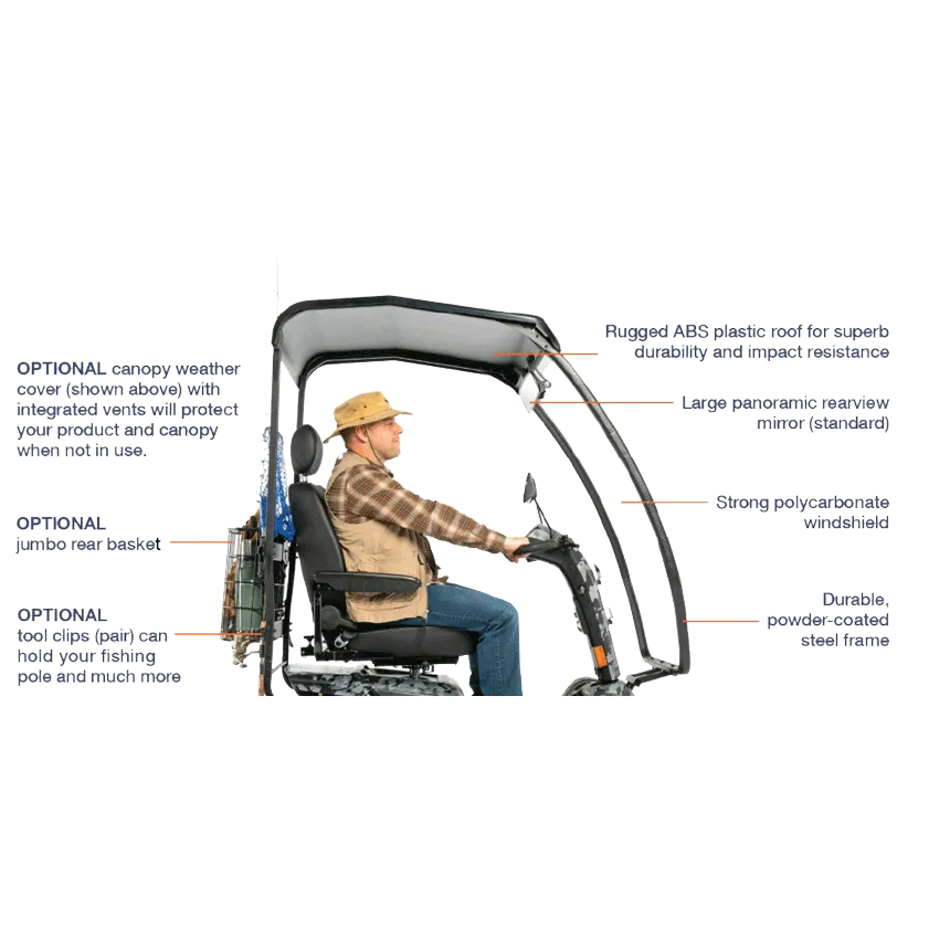Power scooter canopy enclosure with ABS roof, polycarbonate windshield, rearview mirror, and steel frame shown with seated