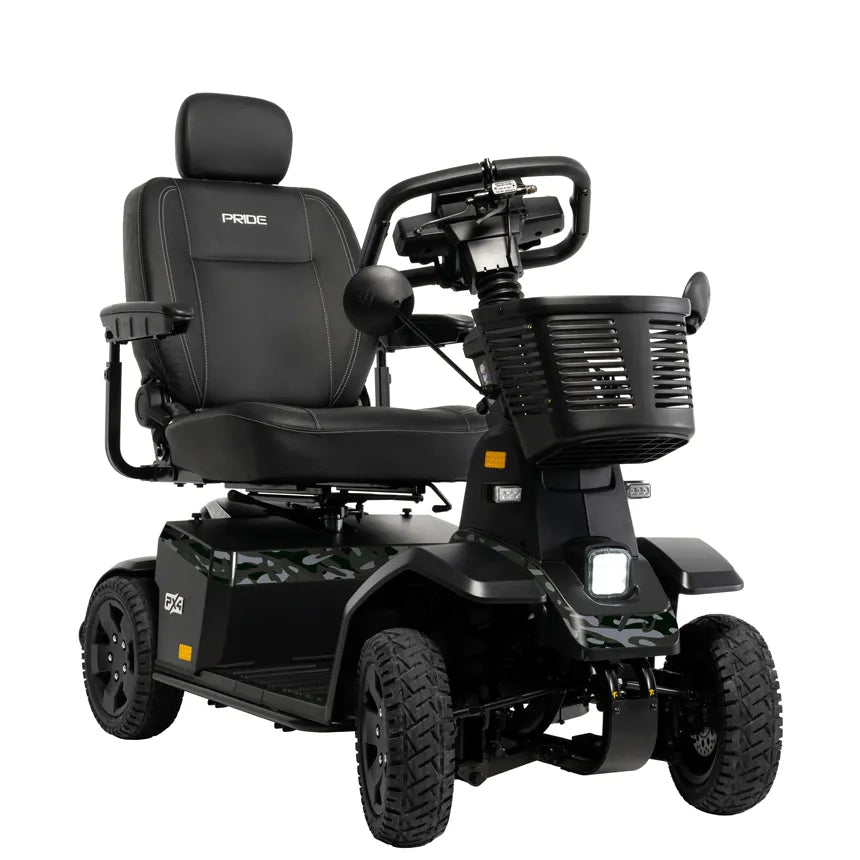 Pride PX4 heavy-duty 4-wheel mobility scooter in black camo with high-back captain's seat, front basket, and all-terrain