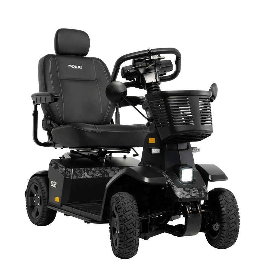 Pride PX4 heavy-duty 4-wheel mobility scooter in black with camo trim, padded captain's seat, front basket, and all-terrain