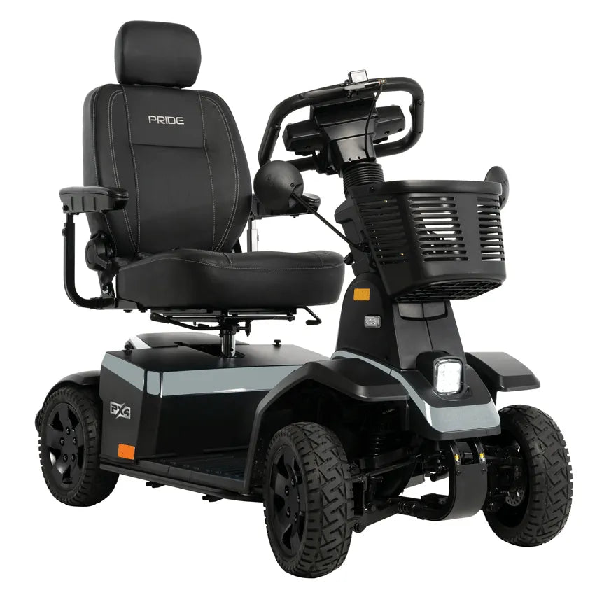 Pride PX4 heavy-duty 4-wheel mobility scooter in black and gray with all-terrain tires, padded captain seat, and front basket