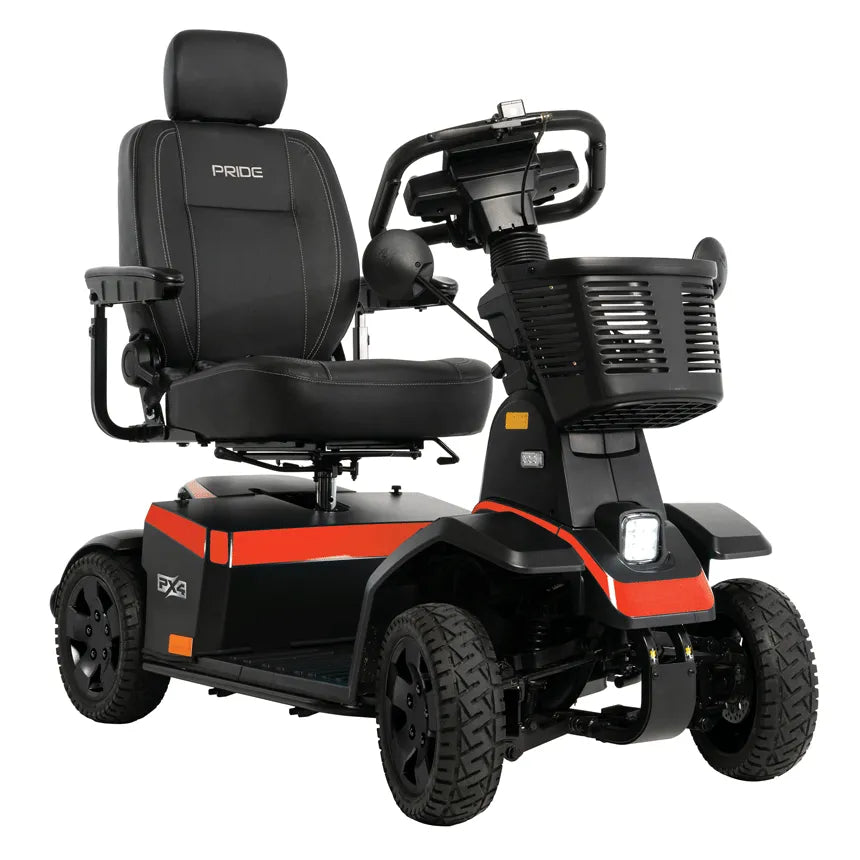 Pride PX4 heavy-duty 4-wheel mobility scooter in black with orange accent stripe, padded captain's seat, front basket, and