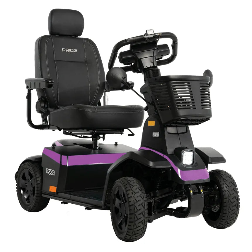 Pride PX4 heavy-duty 4-wheel mobility scooter in black and purple with captain seat, front basket, and all-terrain tires