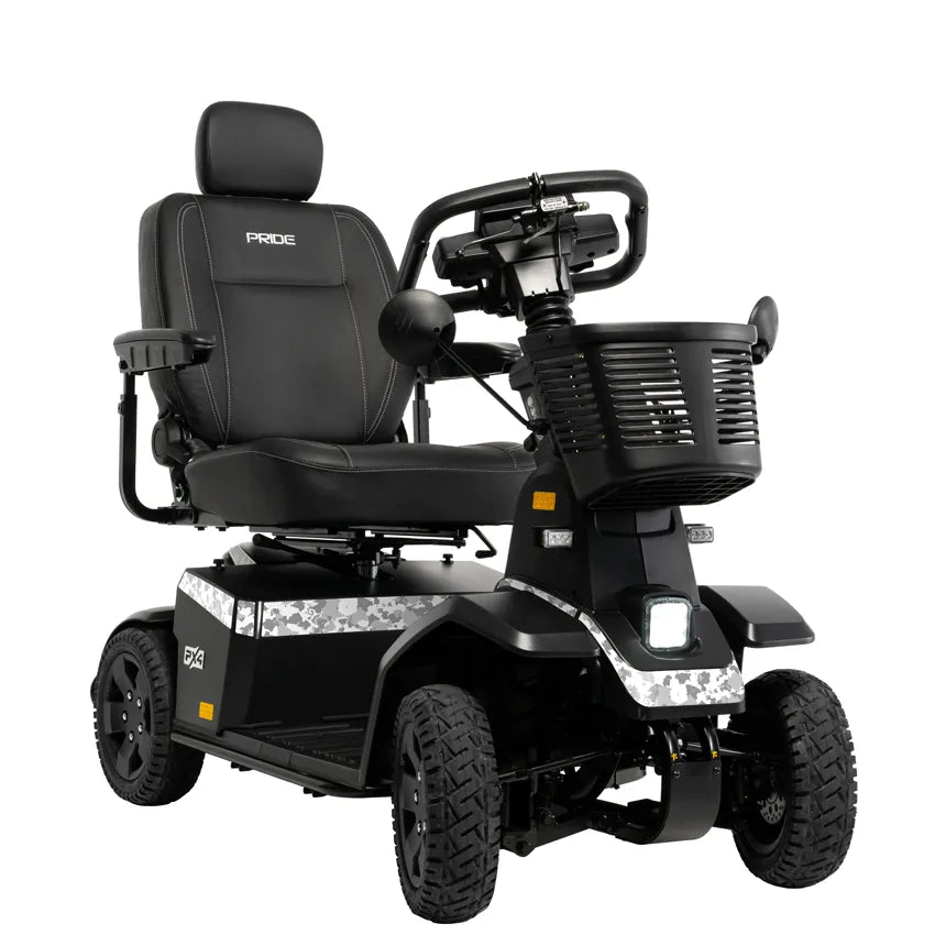 Pride PX4 heavy-duty 4-wheel mobility scooter in black with camo accents, padded seat, headlight, and front basket
