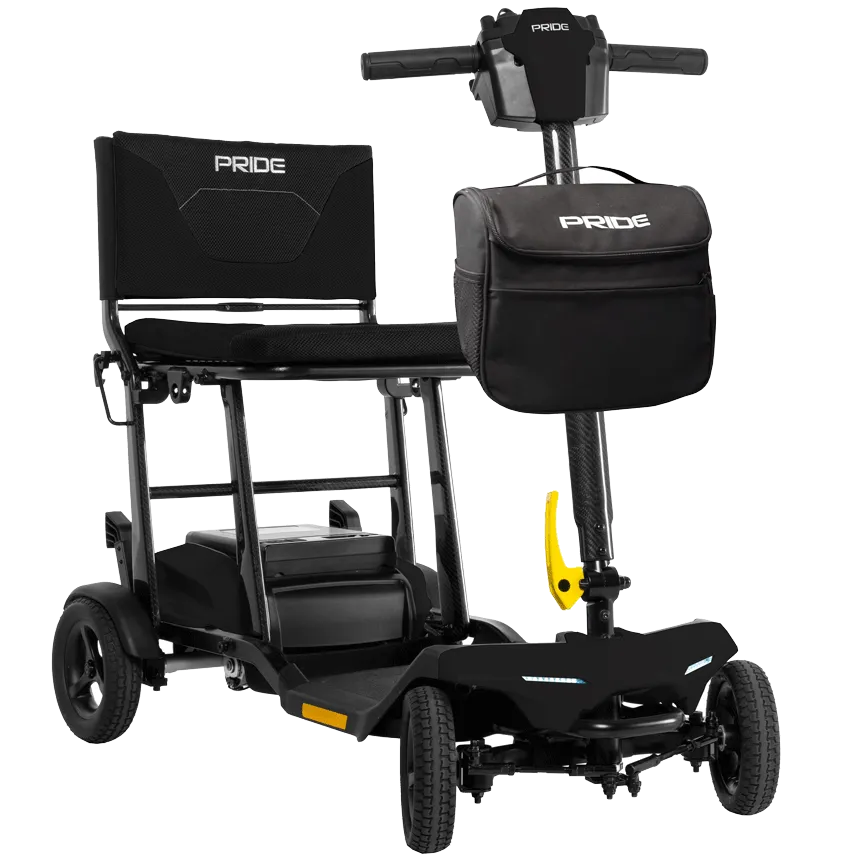 Pride Go Go Super Portable 4-wheel mobility scooter in black with front bag, tiller controls, and yellow folding latch