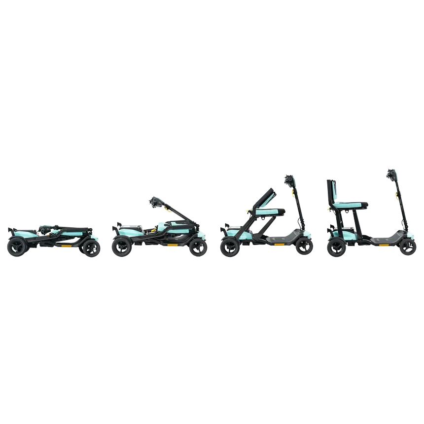 Folding mobility scooter shown in four stages of unfolding, from flat to fully assembled, in teal and black