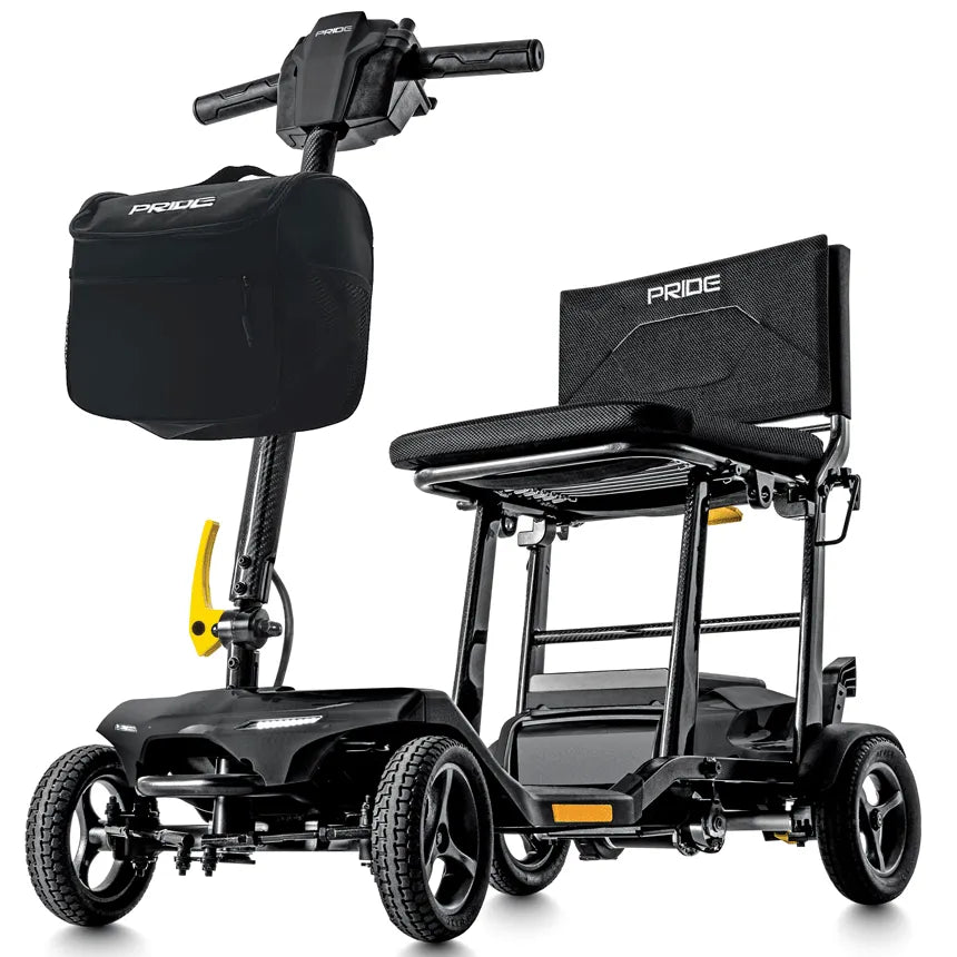 Pride Go Go Super Portable 4-wheel mobility scooter in black with tiller bag, padded seat, and yellow release lever