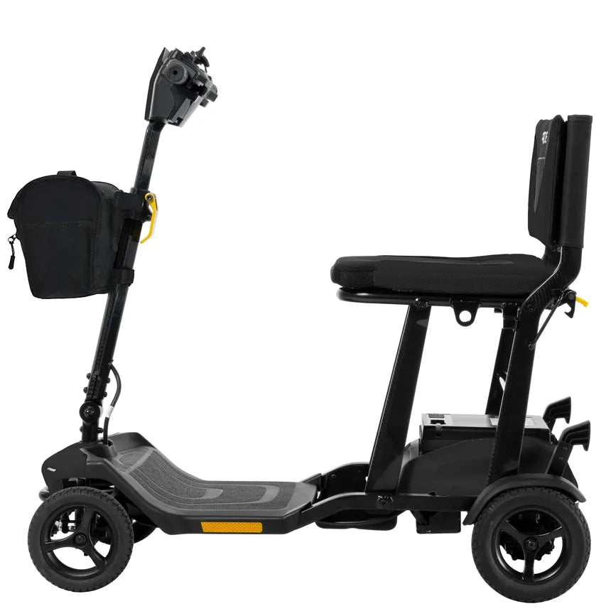Pride Go-Go Super Portable 3-wheel mobility scooter in black with folding tiller, padded seat, and front storage bag