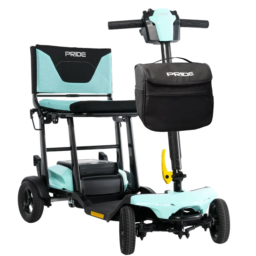 Pride Go Go Super Portable folding mobility scooter in mint green and black with tiller, mesh seat, and front carry bag