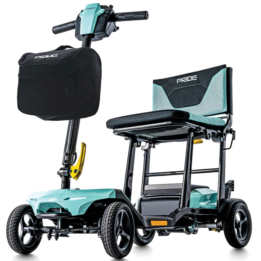Pride Go-Go Super Portable 4-wheel mobility scooter in teal and black with front basket and padded seat
