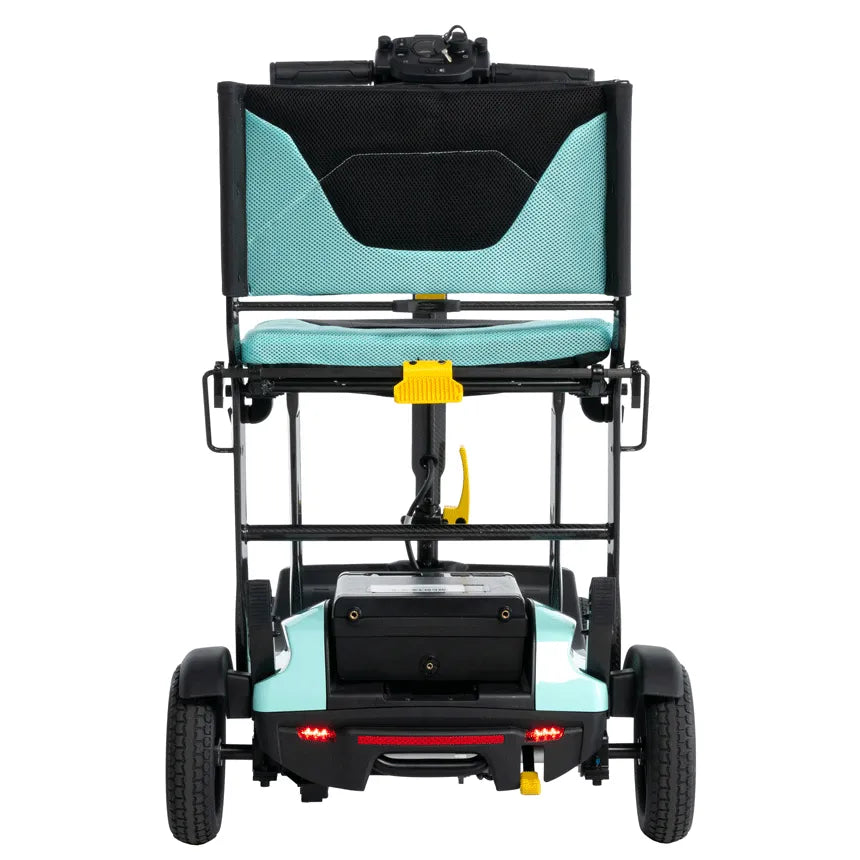 Mobility scooter rear view with teal mesh seat and backrest, black frame, four wheels, and red tail lights