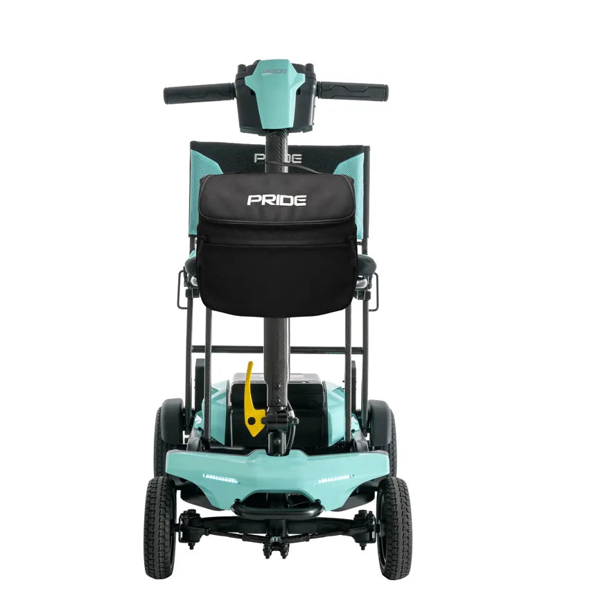 Pride Go Go Super Portable power scooter in teal, rear view showing mesh seat back, under-seat basket, and four wheels