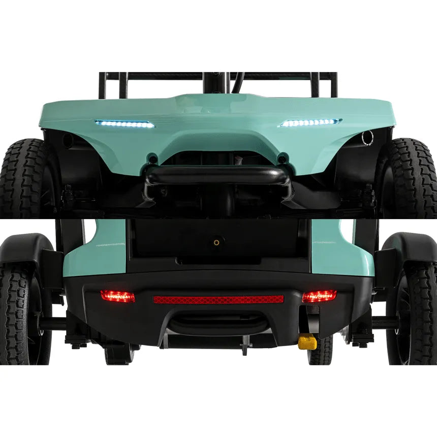 Power scooter front and rear views showing teal body panels, LED headlights, red taillights, and all-terrain tires