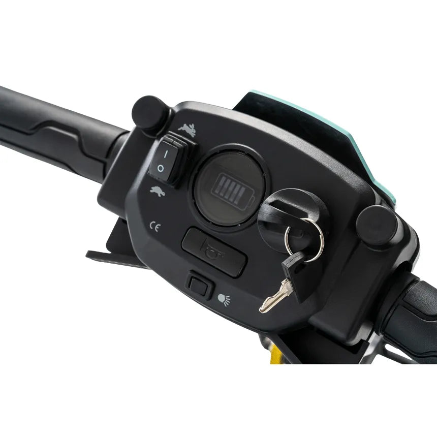 Power scooter tiller control panel with key ignition, battery indicator, speed toggle, and light switch buttons