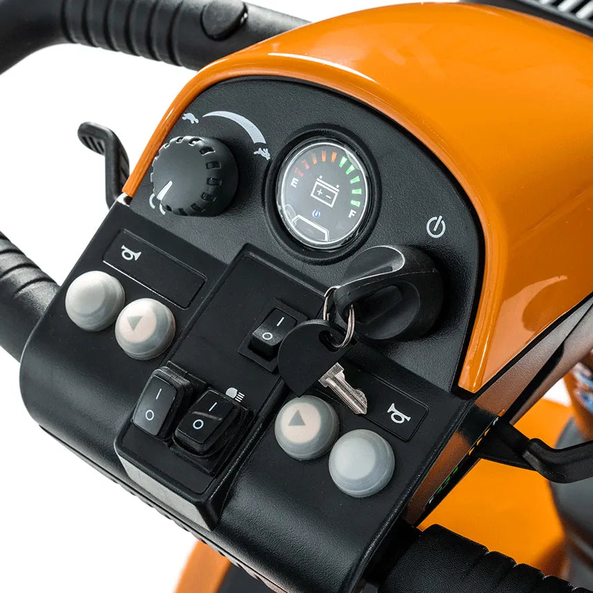 Power scooter tiller control panel in orange and black with key ignition, battery gauge, speed dial, and toggle switches