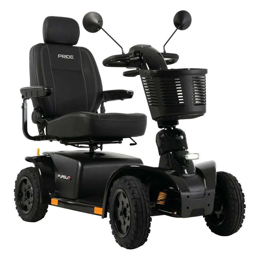 Pride Pursuit 2 four-wheel power mobility scooter in black with captain's seat, dual mirrors, front basket, and all-terrain