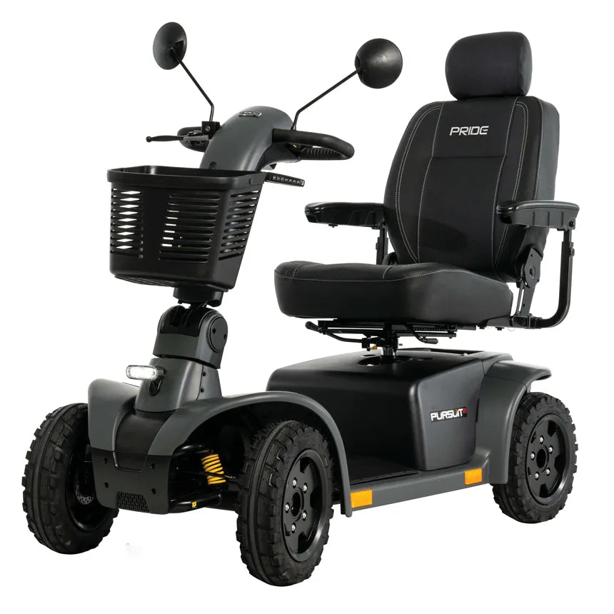 Pride Pursuit 2 four-wheel mobility scooter in black and gray with captain's seat, dual mirrors, front basket, and