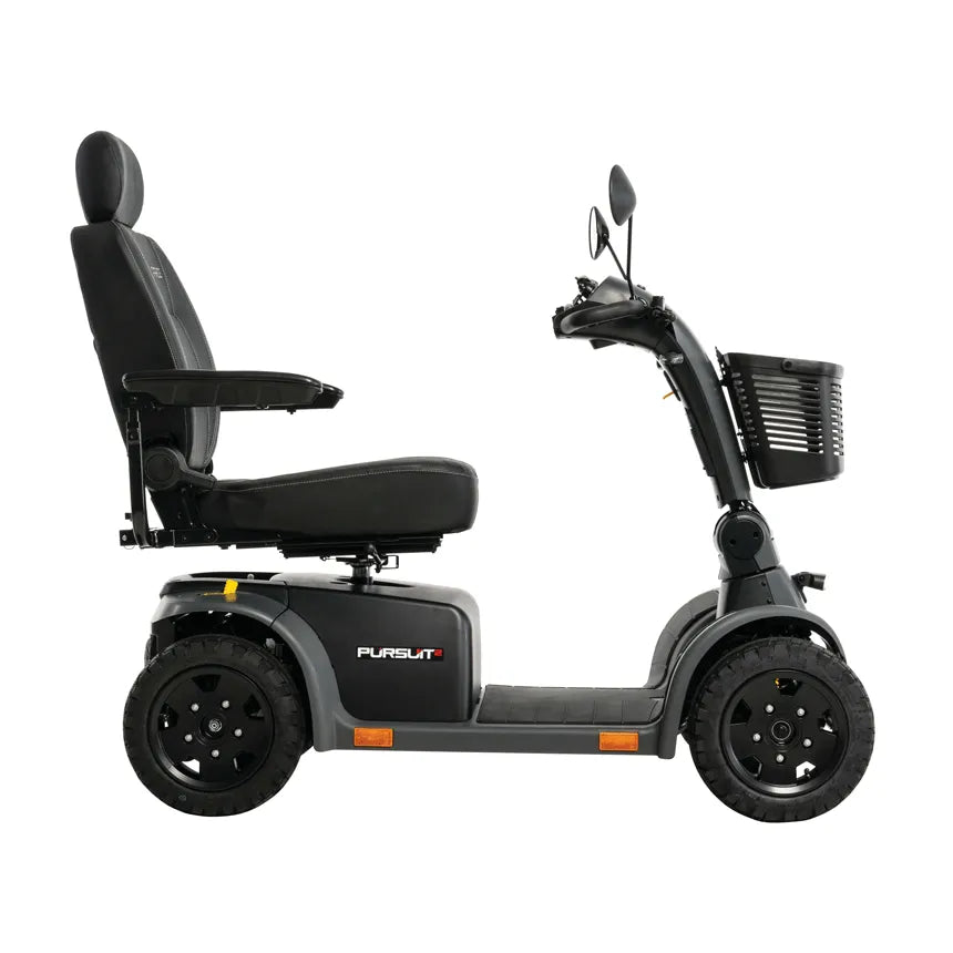 Pride Pursuit 2 four-wheel mobility scooter in black with padded captain's seat, armrests, front basket, and all-terrain