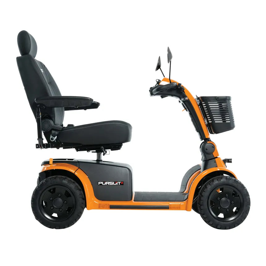 Pride Pursuit 2 four-wheel mobility scooter in orange with black captain's seat, tiller, front basket, and all-terrain