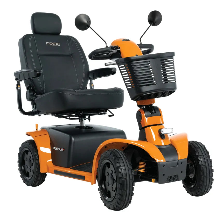 Pride Pursuit 2 four-wheel mobility scooter in orange with black captain's seat, dual mirrors, front basket, and all-terrain