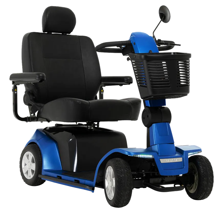 Power mobility scooter in blue with four wheels, high-back padded seat, armrests, front basket, and rearview mirror