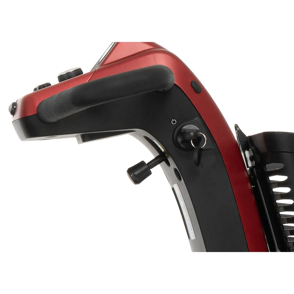 Power scooter tiller close-up showing red and black controls, key ignition, throttle lever, and padded armrest with front