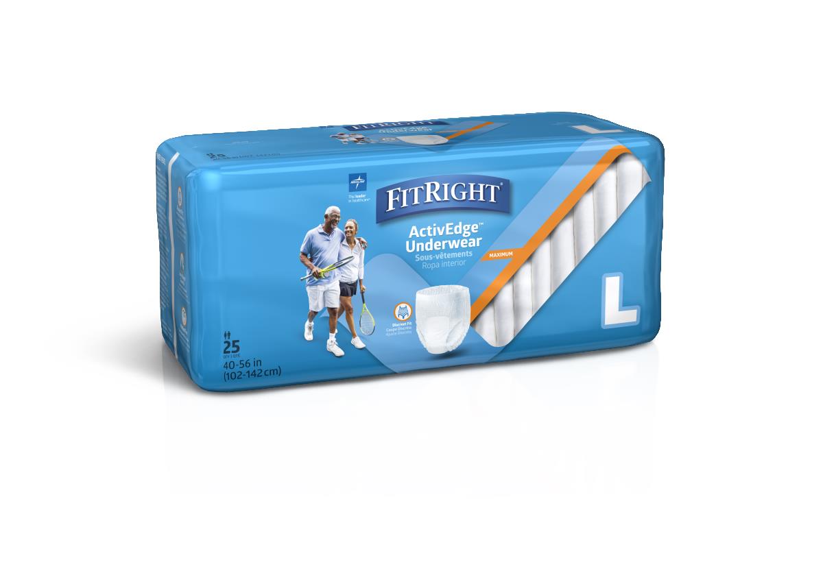 Disposable protective underwear package, size large, 25-count, blue bag with orange accent and couple playing tennis on front