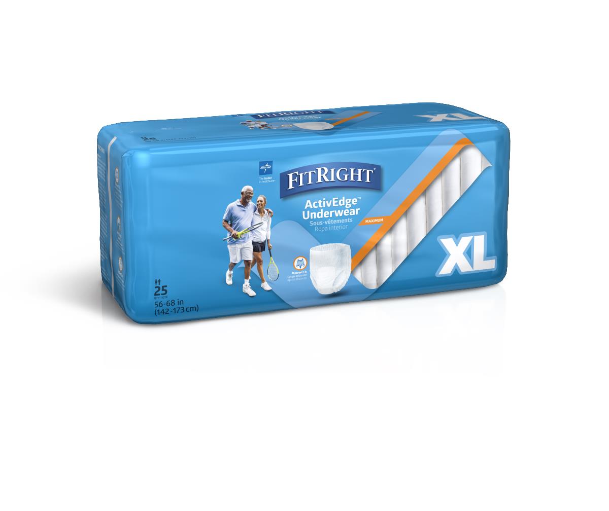Protection Plus Super Protective Underwear in blue XL package of 25, showing product illustration and active adult couple on