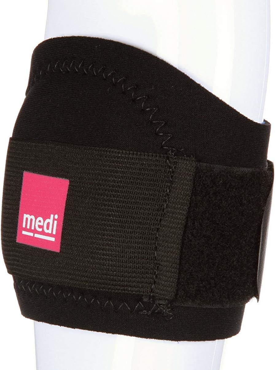 Tennis elbow strap by Medi in black neoprene with adjustable hook-and-loop closure, shown on a mannequin arm