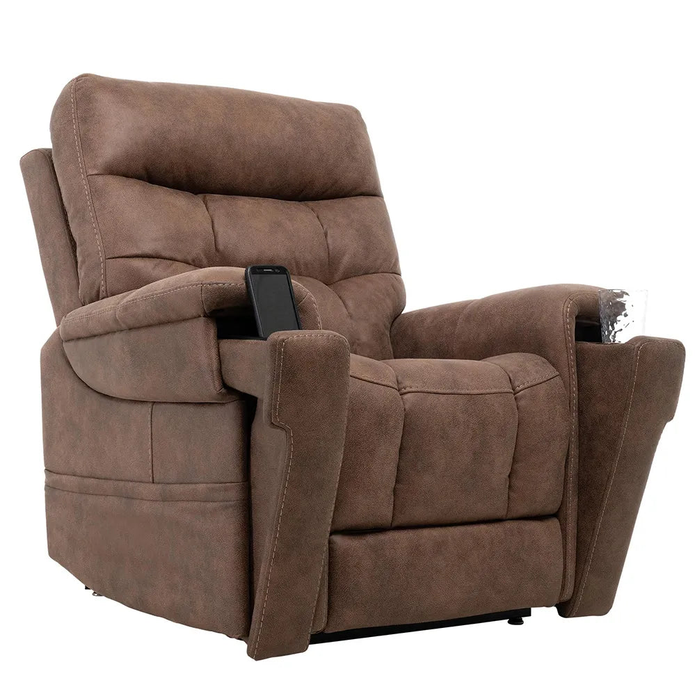 Power lift recliner chair in brown fabric with tufted back, padded armrests, and hand control tucked into side pocket