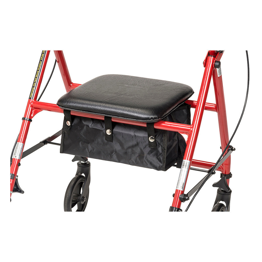 Rollator walker seat and under-seat storage bag detail, red steel frame with black padded seat and black nylon bag with snap