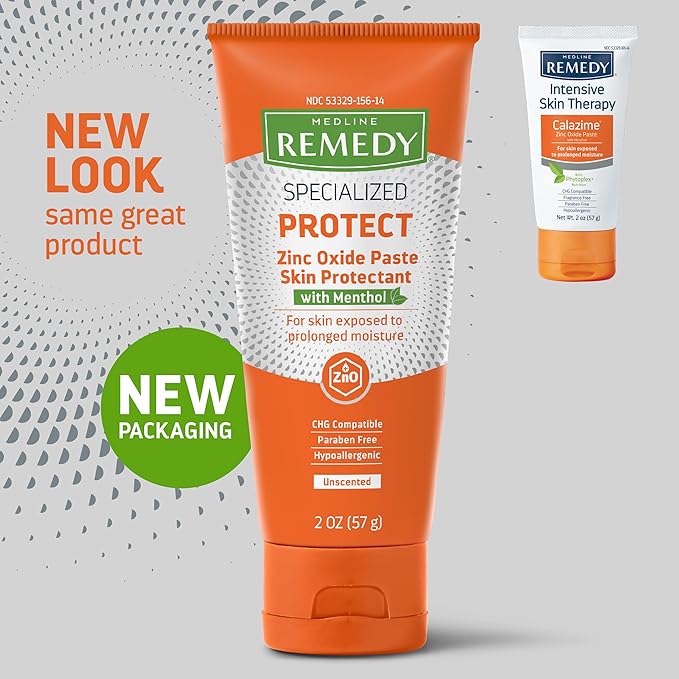 Remedy Calazime zinc oxide skin protectant paste in orange tube, 2 oz, shown alongside previous packaging version