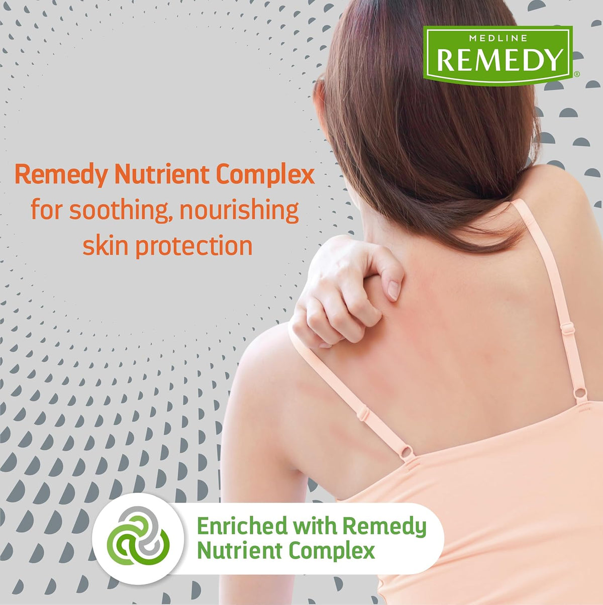 Medline Remedy Calazime Protectant Paste promotional image showing a woman scratching irritated skin on her back