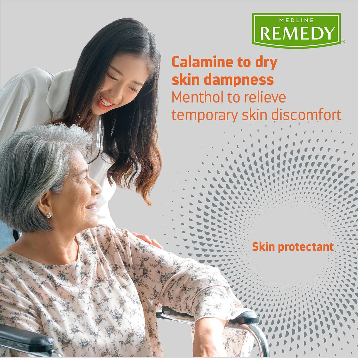 Remedy Calazime Protectant Paste promotional image showing a caregiver smiling with an elderly woman in a wheelchair