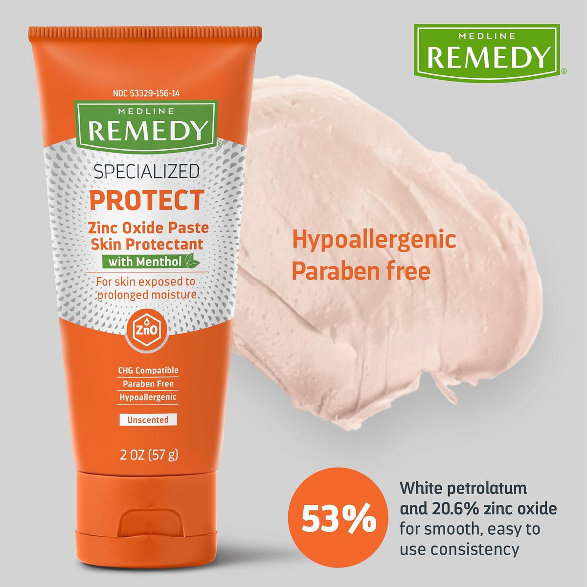 Remedy Calazime Protectant Paste in orange 2 oz tube with cream product swatch and hypoallergenic, paraben-free callouts