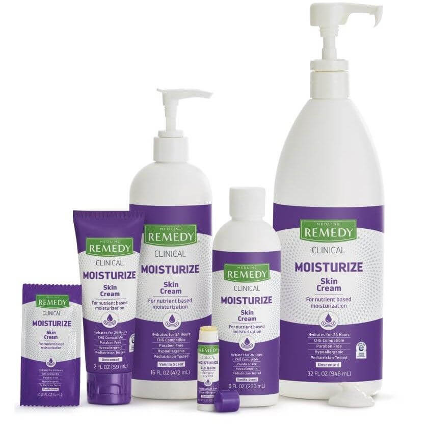 Medline Remedy Clinical Moisturize Skin Cream product line in multiple sizes with pump bottles, tube, packet, and lip balm