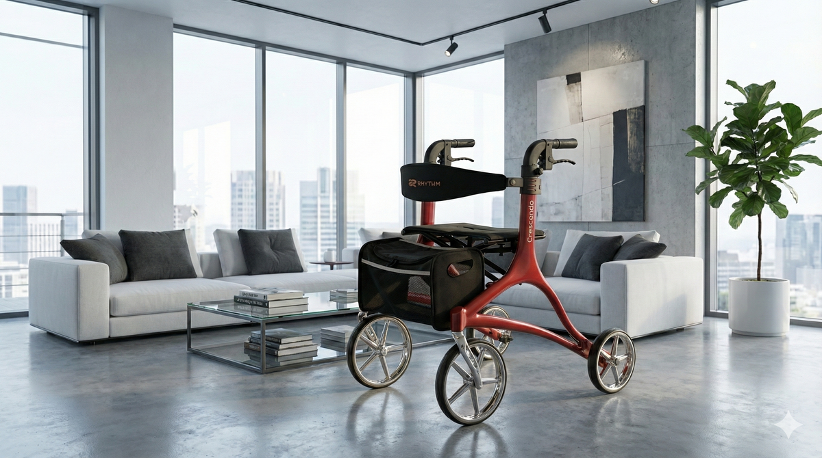 Crescendo Rollator in red with four large wheels, padded seat, forearm supports, and black storage bag in a modern living