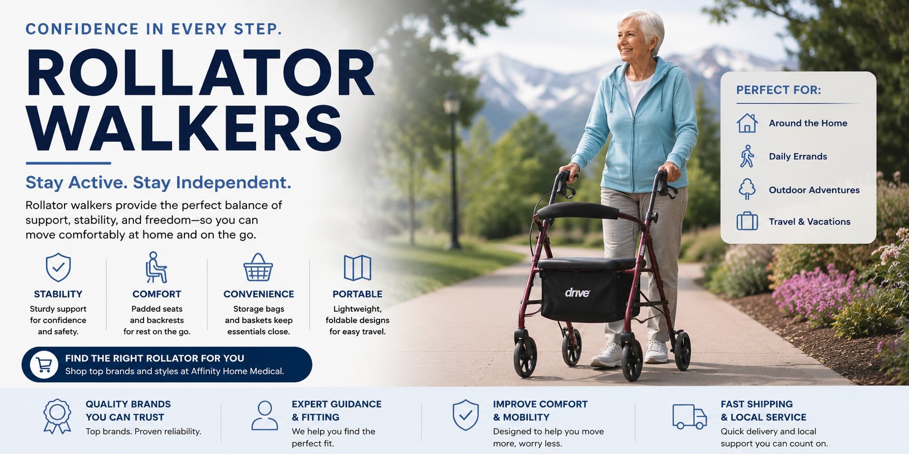Older woman using rollator walker with information how it works 