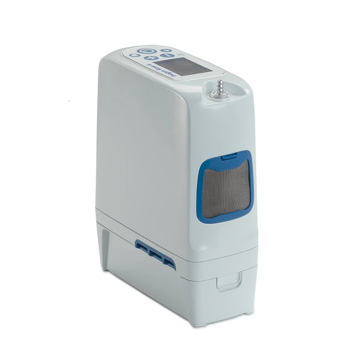 Portable oxygen concentrator in light gray with blue accents, digital display, control buttons, mesh vent, and outlet