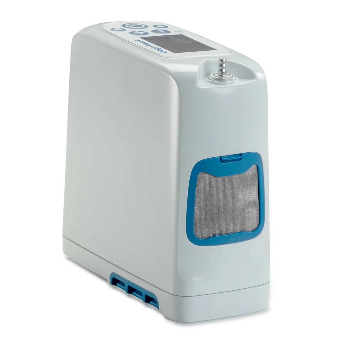 Inogen Rove 6 portable oxygen concentrator in light gray with blue accents, mesh vent panel, top outlet port, and LCD