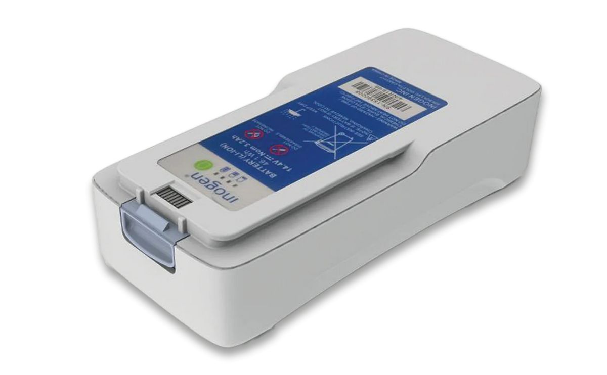 Inogen portable oxygen concentrator battery pack, white rectangular lithium-ion unit with blue label and blue latch connector