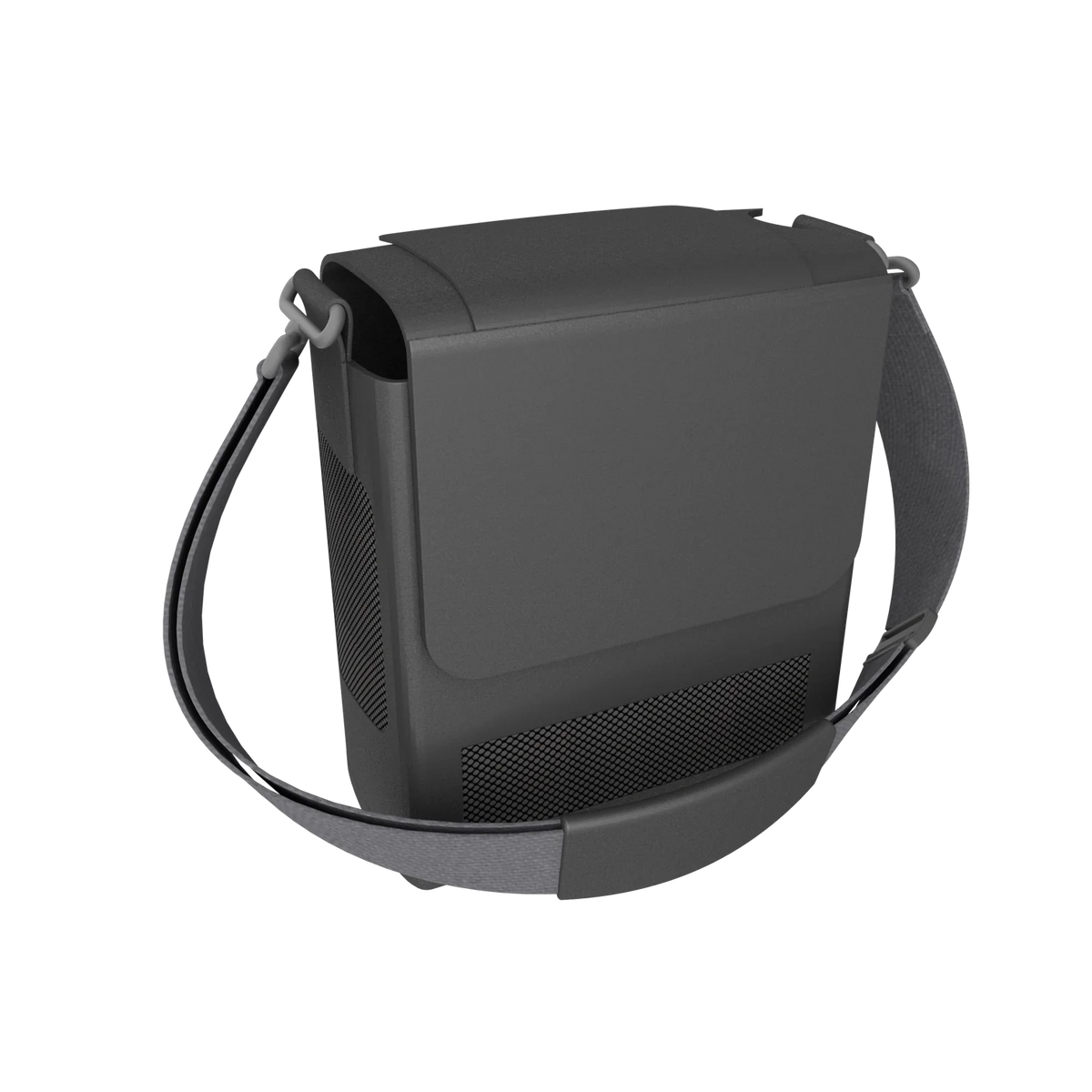 Portable oxygen concentrator in dark gray with shoulder strap and ventilation grilles, shown from rear angle