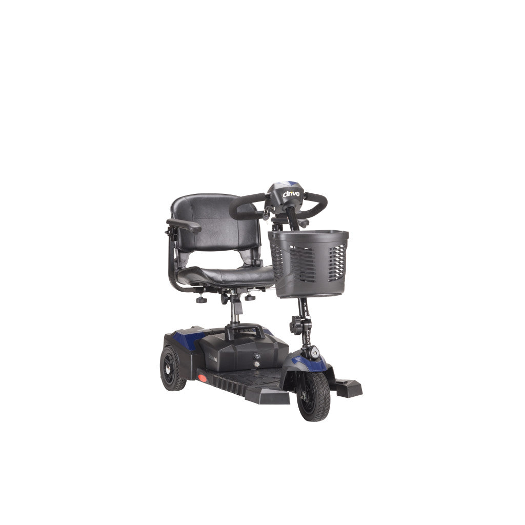 3-wheel mobility scooter in blue and black with padded seat, tiller controls, and front storage basket