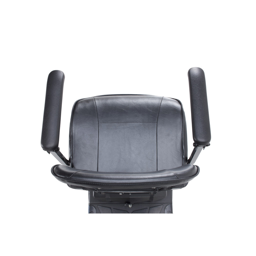 Power scooter seat with black vinyl upholstery, padded backrest, and padded flip-up armrests, viewed from front
