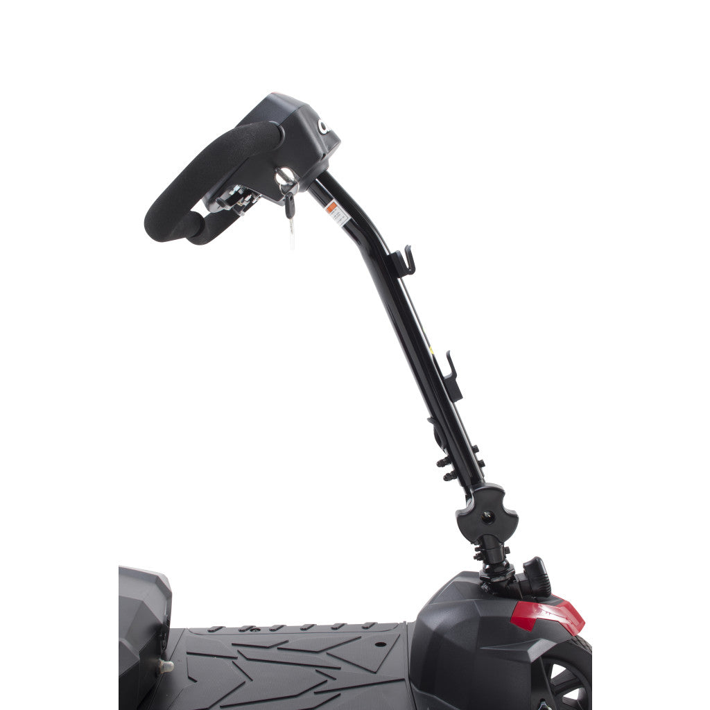 Power scooter tiller with foam-grip handlebars, key ignition, and adjustable black stem mounted to a dark gray scooter base