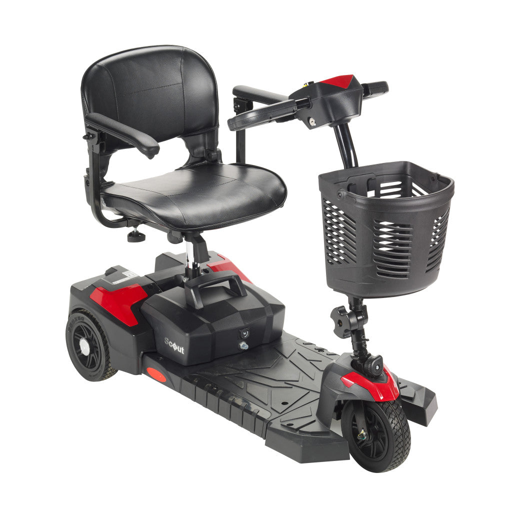 3-wheel mobility scooter in black and red with padded seat, tiller handlebars, front storage basket, and textured footrest