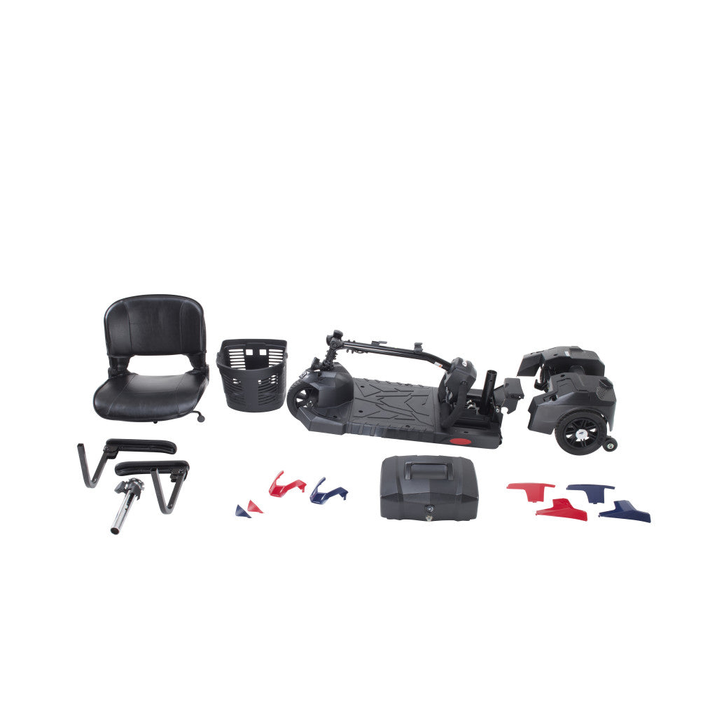 Power scooter disassembled into components including seat, frame, battery, tiller, wheels, and color accent panels laid flat