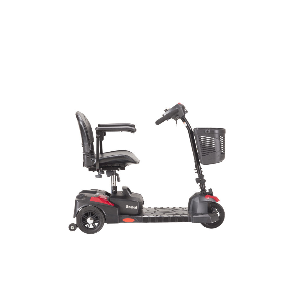 3-wheel mobility scooter in black and red with padded seat, armrests, tiller handlebar, and front storage basket, shown from
