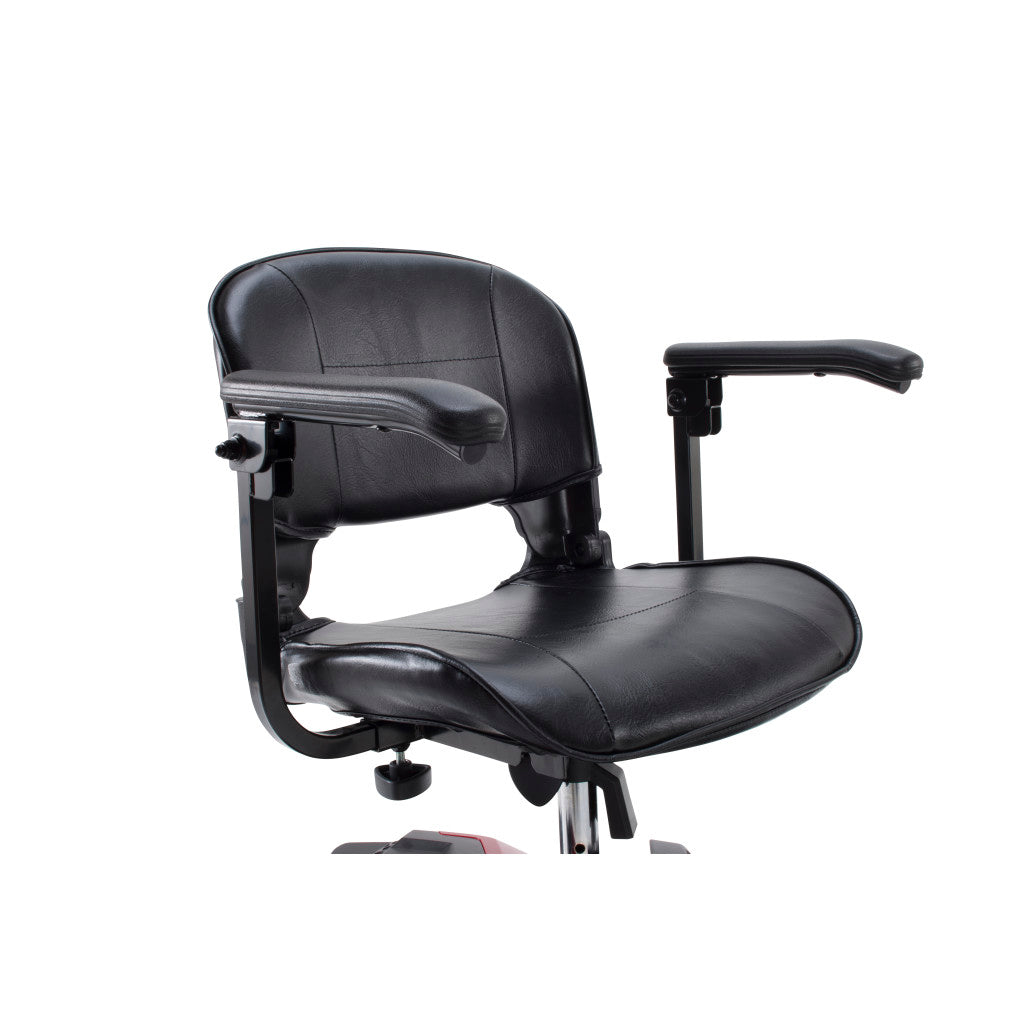 Power scooter seat with black vinyl upholstery, padded backrest, and adjustable flip-back armrests on a chrome post