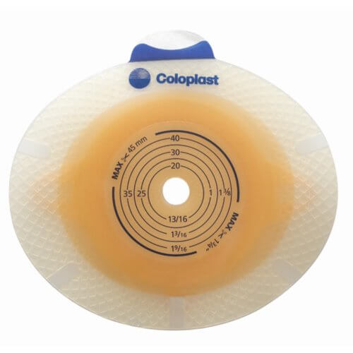 Coloplast SenSura ostomy baseplate with concentric sizing guide rings, hydrocolloid wafer, and blue coupling ring on white